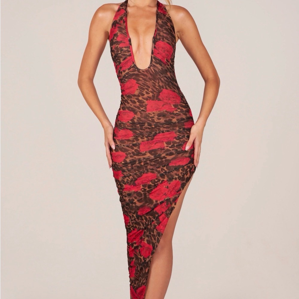 Oh Polly Red and Brown Asymmetrical Halter Midi Dress